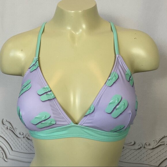 Undercurrent 2 Piece Triangle Top Swimsuit Purple Green Flip Flops Juniors Med - Picture 3 of 8